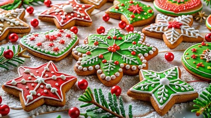 Fototapeta premium A Festive Array of Gingerbread Cookies Decorated with Icing and Sprinkles, Arranged on a Snowy Surface