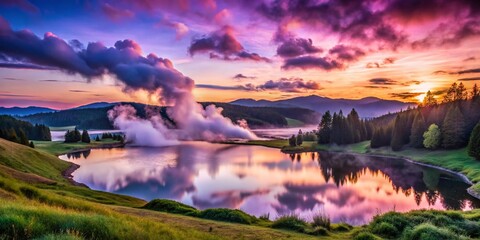 Breathtaking Landscape with Purple Smoke Effect Enhancing the Natural Beauty of the Scenery at Dusk, Creating a Mystical Atmosphere in the Wilderness