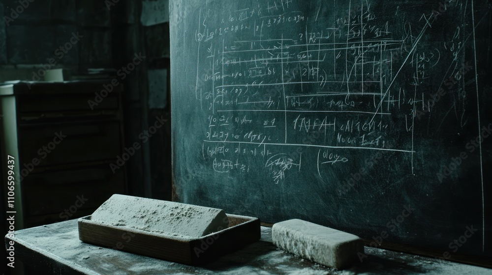 Poster a chalkboard filled with diagrams and notes, accompanied by bricks on a table.