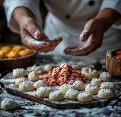 Baking traditional sweets with powdered sugar in a rustic kitchen setting