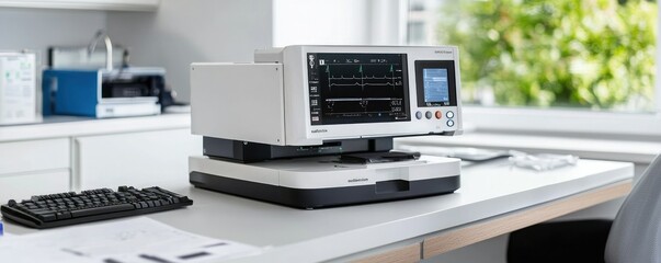 A modern office setup featuring a white multifunction printer on a desk, surrounded by natural light and minimalistic decor.