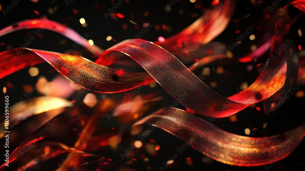 Aufkleber a dynamic display of flowing red ribbons amidst a backdrop of shimmering particles.