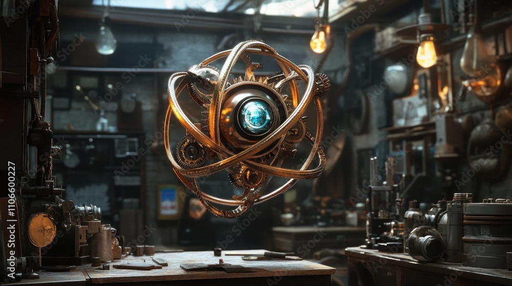 Poster a futuristic, floating atom-like device in a workshop, showcasing intricate mechanics and design.