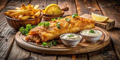 A crispy golden fried fish fillet, served with a side of golden fries, two bowls of creamy dipping sauce, and garnished with fresh parsley on a rustic wooden board.