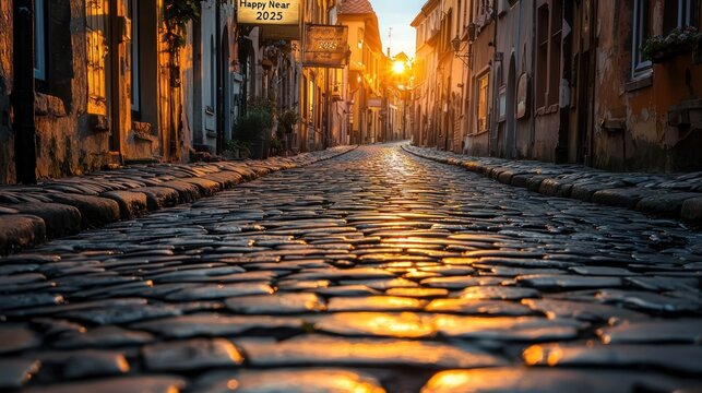Cobblestone streets in an old town with "Happy New Year 2025" subtly engraved in the stones.