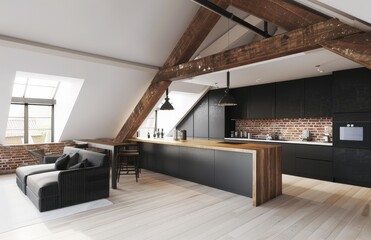 Modern loft apartment with a spacious kitchen and living room