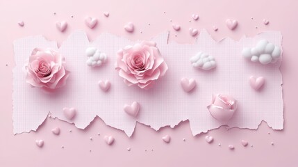 Delicate Pink Roses and Hearts on Dusty Pink Background