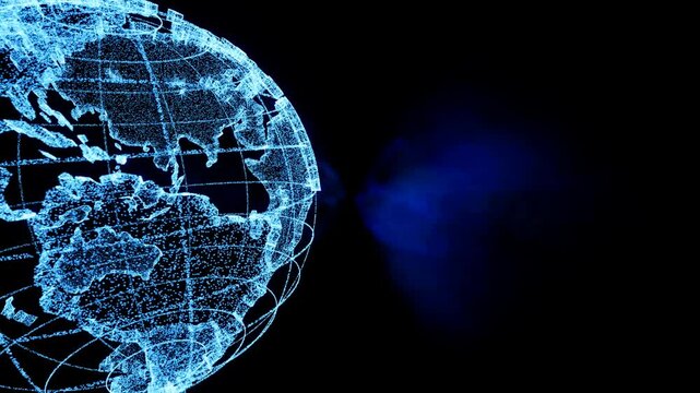 Globo terrestre em 3D, com pontos de dados brilhantes em tons de azul,  representando inova&ccedil;&atilde;o e infraestrutura digital.
