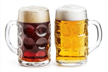 Two mugs of beer showing light and dark brews with foam heads. Two beer mugs, one filled with light beer and the other with dark beer, stand side by side, both topped with frothy heads, 