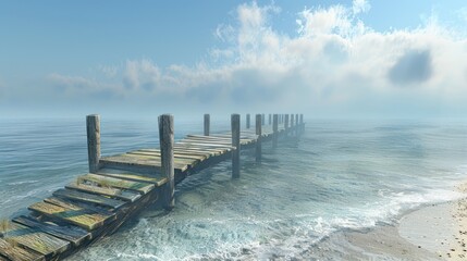 A long wooden pier stretches out into the calm blue ocean under a partly cloudy sky.