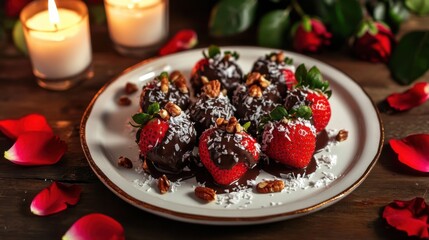 A decadent plate of chocolate-dipped strawberries arranged on a platter and sprinkled with chopped nuts and shredded coconut, Strawberry platter centered, Soft candlelight creating a romantic ambiance