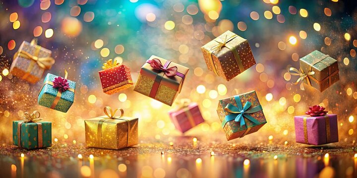 A festive scene with a sparkling background and colorful wrapped gifts, each tied with a ribbon, floating amidst a bokeh of golden lights.