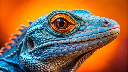 Obraz premium A Close-up of a Lizard's Head with a Vibrant Blue and Orange Color Scheme, Showing Intricate Scales and a Focused Gaze