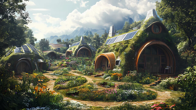 Sustainable solarpunk village: cozy cottages, blooming gardens, and community spirit in ultra-detailed ray-tracing concept art. Solarpunk. Illustration