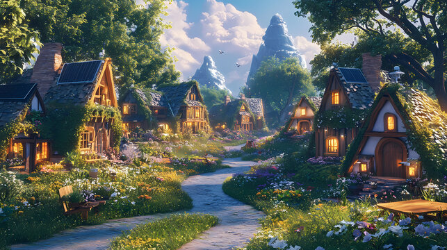 Sustainable solarpunk village: cozy cottages, blooming gardens, and community spirit in ultra-detailed ray-tracing concept art. Solarpunk. Illustration