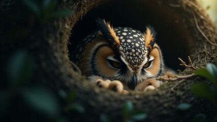 Obraz premium A peaceful image of an owl in its nest, resting in its natural habitat. The setting conveys the owl’s quiet, serene life in the wild, with natural elements framing the scene.