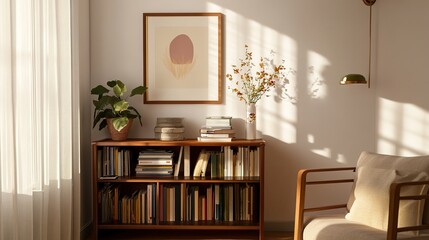Cozy interior featuring a simple old bookshelf and a framed artwork on the wall, set in a warm and inviting atmosphere that exudes vintage charm and timeless elegance.