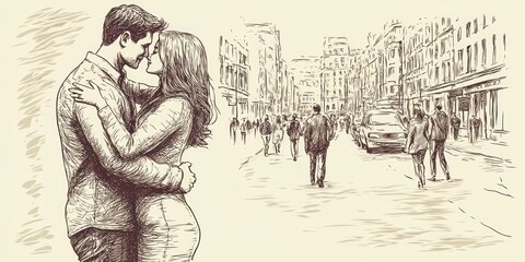 Obraz premium A couple embraces on a city street, surrounded by pedestrians and urban scenery.