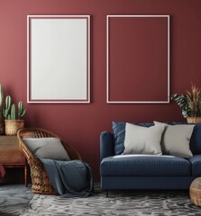 A cozy living room interior with a blue sofa. a wicker armchair. and two empty picture frames on a deep red wall