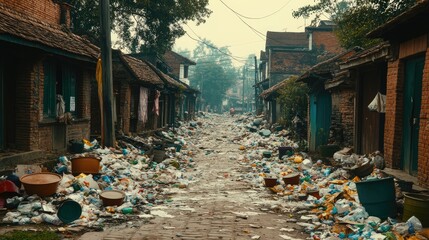 Obraz premium Street View of Abandoned Village Covered in Trash and Debris