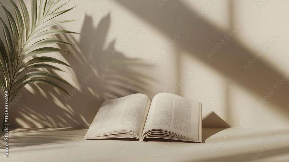 Poster beautiful open book on a table with shadows and a green plant in a relaxing setting