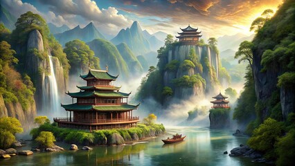 A Serene River Winding Through Verdant Mountains, Adorned with Ancient Temples and a Graceful Boat