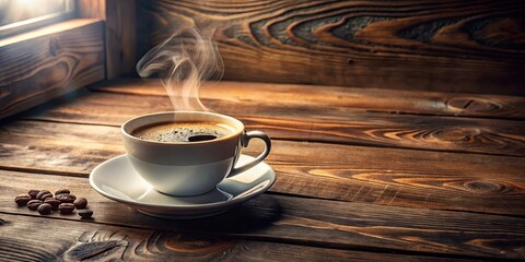 A steaming cup of coffee on a rustic wooden surface, illuminated by soft sunlight, offering a moment of tranquility and warmth.