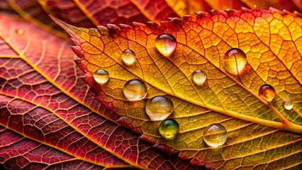 Fototapeta premium A symphony of autumn hues, with vibrant reds and golden yellows, is painted across a leaf, each vein delicately highlighted by glistening droplets of water.