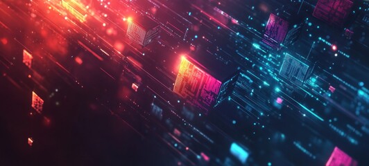 Fototapeta premium Abstract Digital Flow: Neon Cubes and Data Streams