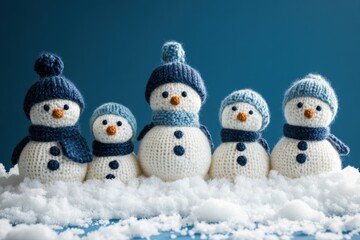 Obraz premium little knitted snowmans on soft snow on blue background
