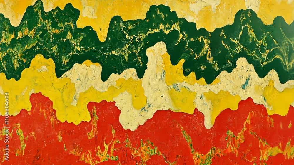 Poster abstract painting with vibrant colors and flowing shapes resembling waves in a dynamic composition