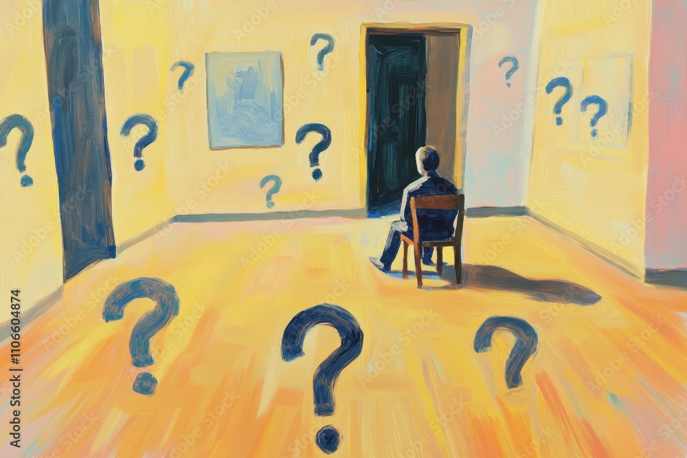 Poster a figure sits in an empty room, surrounded by question marks, symbolizing contemplation and inquiry.