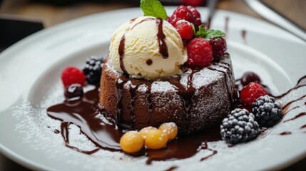A decadent slice of chocolate lava cake topped with vanilla ice cream and a drizzle of chocolate sauce, Chocolate lava cake plated elegantly with a dusting of powdered sugar, Fresh berries for garnish