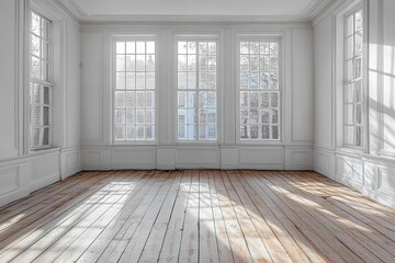Fototapeta premium a spacious white room featuring white walls, wooden floors, and a large window, creating a perfect blank canvas for interior design or branding showcase with ample light and openness