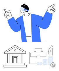 Businessman wearing AR glasses gesturing upward, bank building, briefcase, stacked coins, rising arrows. Ideal for technology, finance, banking, investment fintech augmented reality innovation