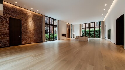 Fototapeta premium Bright and airy loft living room with large windows contemporary design urban environment spacious viewpoint modern style