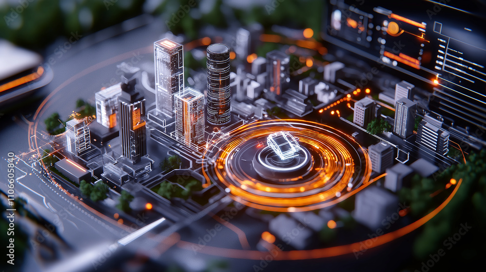 Aufkleber futuristic smart city model with glowing traffic patterns and buildings
