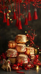 Naklejka premium Golden decorative containers with red tassels and berries.