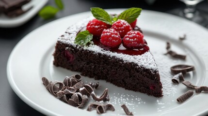 A decadent slice of flourless chocolate cake topped with raspberry coulis and fresh raspberries, Flourless chocolate cake plated elegantly with a dusting of powdered sugar, Mint leaves for garnish