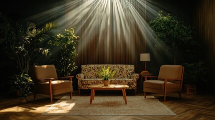 Obraz premium Cozy country chic living room with floral patterns bright lighting interior design inspiration relaxing atmosphere aesthetic appeal
