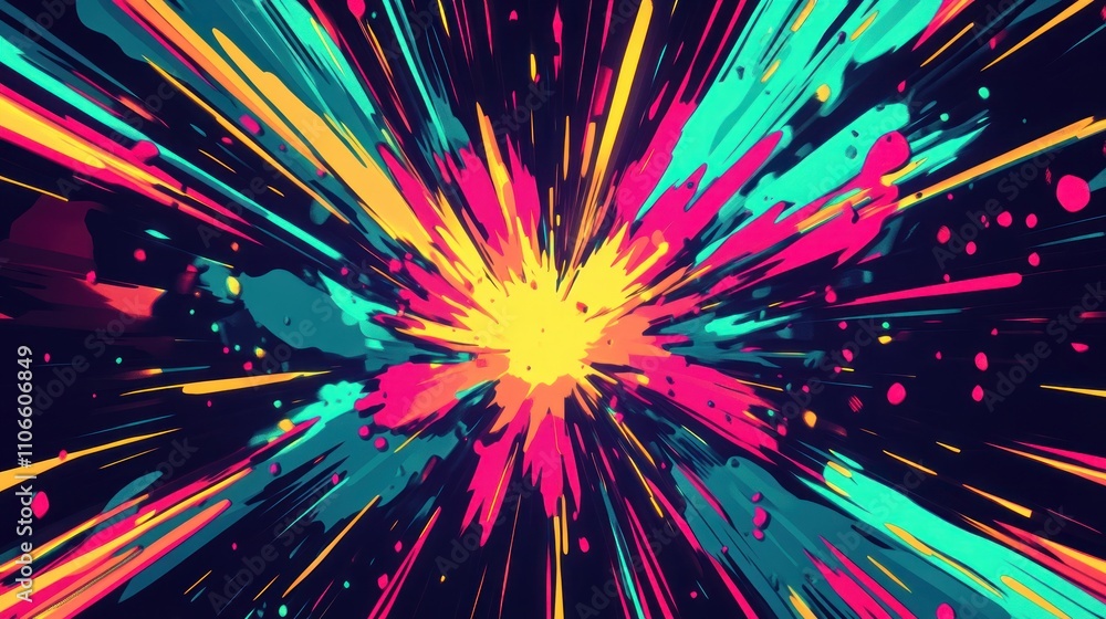Poster a vibrant explosion of colors radiating outward, creating a dynamic and energetic visual effect.