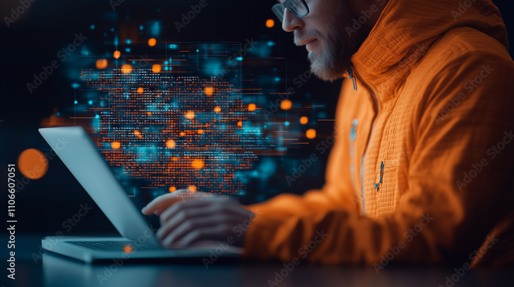 Aufkleber man in orange jacket uses laptop, surrounded by digital data