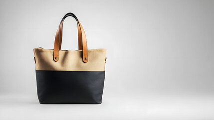 Beige and black tote bag with leather handles on white background.