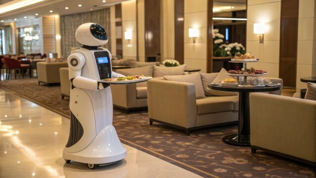 At a posh lounge a sleek robot delivers appetizers showcasing its agility as it navigates around couches and tables.
