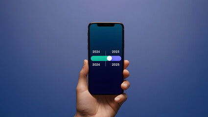 New Year 2025, phone, smartphone, hand, blue screen, 2025, progress bar, timeline, technology, digital, user interface, display, information, future, planning, goal, indicator, arrow, vertical, horizo