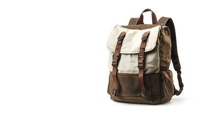 Naklejka premium Brown and beige canvas backpack isolated on white.