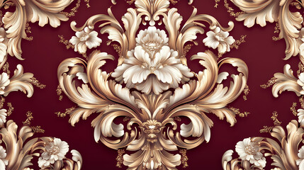 Red wallpaper featuring a classic damask pattern in a luxurious and elegant design, ornate, decorative. Opulent. Illustration
