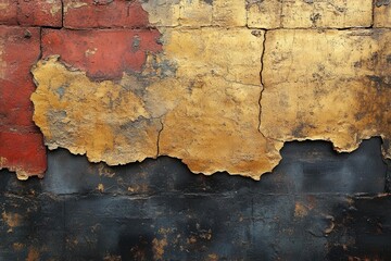 Fototapeta premium a weathered industrial wall painted with layers of distressed gold, brown, and black, creating an antique and vintage aesthetic that tells a story of time and transformation