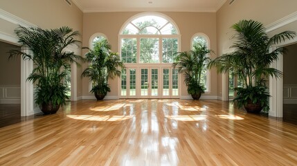 Elegant event space with lush greenery bright sunshine room indoor setting serene atmosphere inviting view for gatherings