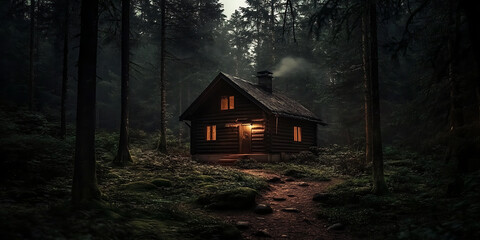 Isolated cabin nestled within a dark, mysterious forest at night.